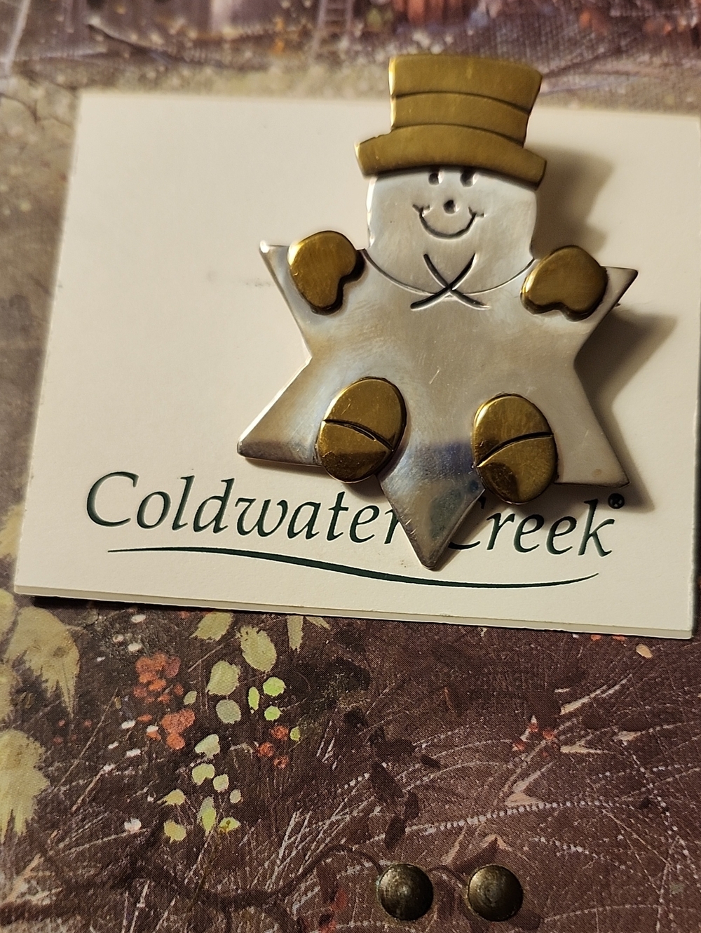 Coldwater Creek .925 Sterking Silver Star Snowman Pin with Brass Accents